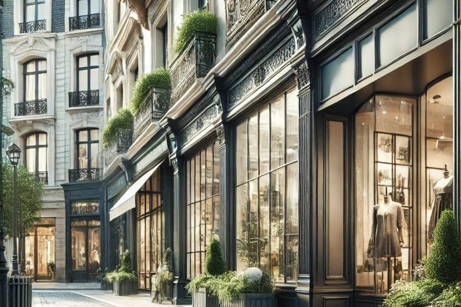 A picturesque scene of a French commercial street showcasing traditional architecture, cobblestone pavement, and upscale storefronts with large glass windows. The street is adorned with greenery, including potted plants and trees, creating a serene and inviting atmosphere.